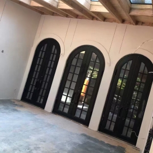 Custom Size Arched Entry Metal Steel Iron Glass Door Double Front Wrought Iron French Door China Design